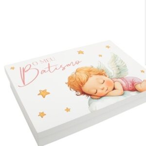 CAIXA P/ BATIZADO ANJO MENINA LACADA BRANCA 38X25X7.5CM