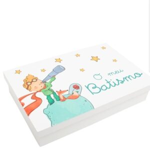 CAIXA P/ BATIZADO PRÍNCIPE C/ RAPOSA LACADA BRANCA 38X25X7.5CM