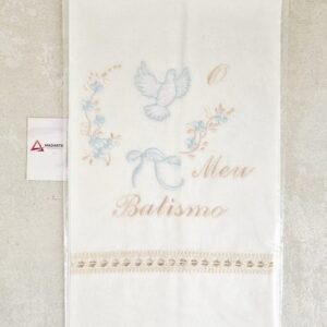 TOALHA DE BATISMO| BRANCA BORDADA A ZUL E BEJE 75%ALGODÃO 25%POLIESTER